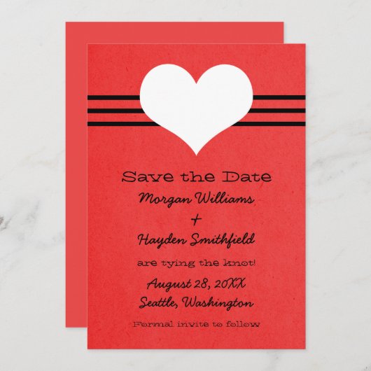 Modern hart slaat de datum op Uitnodiging, rood Save The Date (Voorkant / Achterkant)