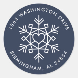 Modern hart sneeuwvlokken rond retour adres label