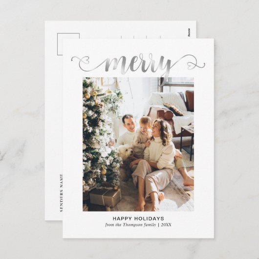 Modern hart Zilver Vrolijk Script Foto Kerstmis Feestdagenkaart (Voorkant / Achterkant)