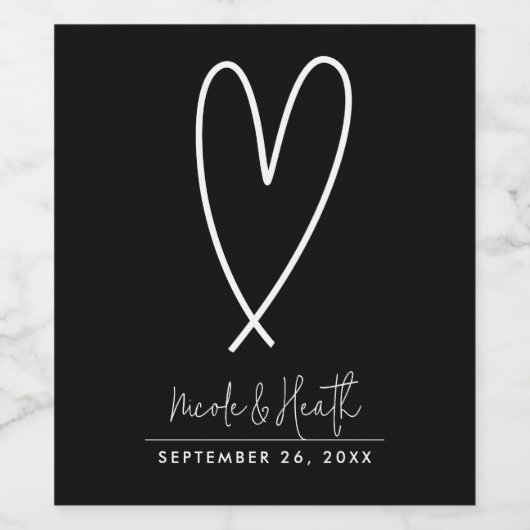 Modern Hart Zwart & Wit Minimal Wedding Wijn Etiket (Enkel label)