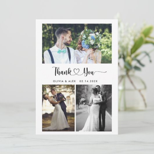 Modern hartscript bruiloft 4 fotocollage bedankkaart (Staand voorkant)