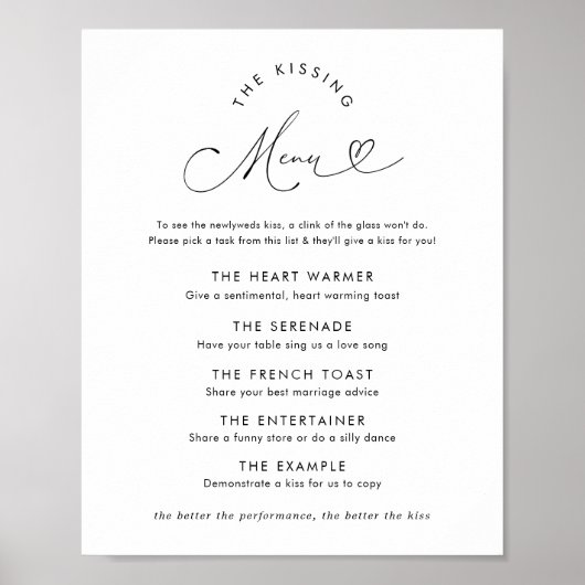 Modern hartscript Het zoenmenu Trouwbord Poster (Voorkant)
