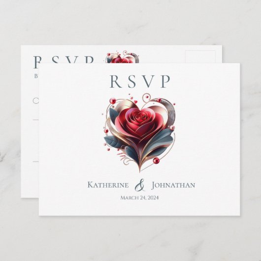 Modern Hartvormig Roos-RSVP-Wedding- Briefkaart (Voorkant / Achterkant)