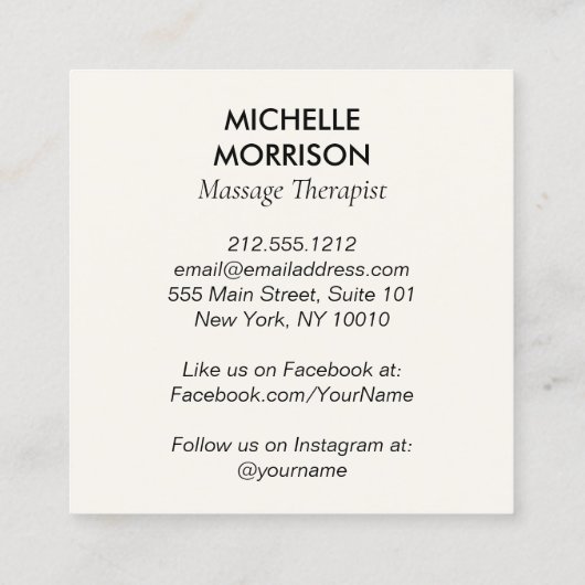 Modern Healing Hands Massage Zwart en Ivoor Logo Vierkante Visitekaartje (Achterkant)