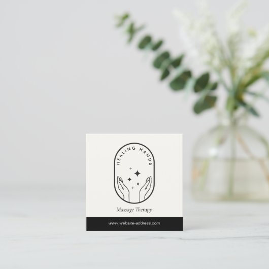 Modern Healing Hands Massage Zwart en Ivoor Logo Vierkante Visitekaartje (Staand voorkant)