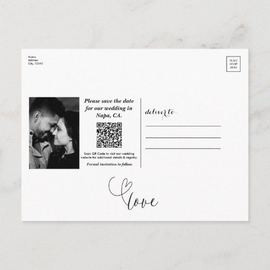 Modern Heart Black & White Chic Bewaar de datum Aankondigingskaart (Achterkant)