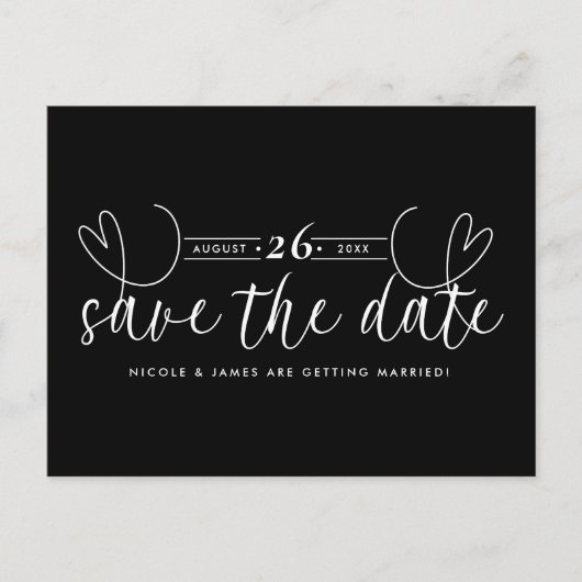 Modern Heart Black & White Chic Bewaar de datum Aankondigingskaart