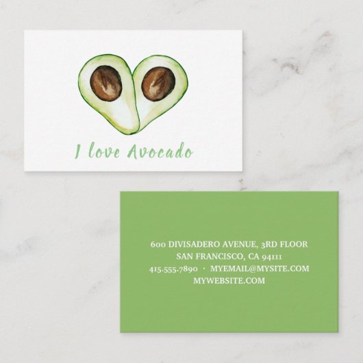 Modern Heart Green I Love Avocado Quote Visitekaartje (Voorkant / Achterkant)
