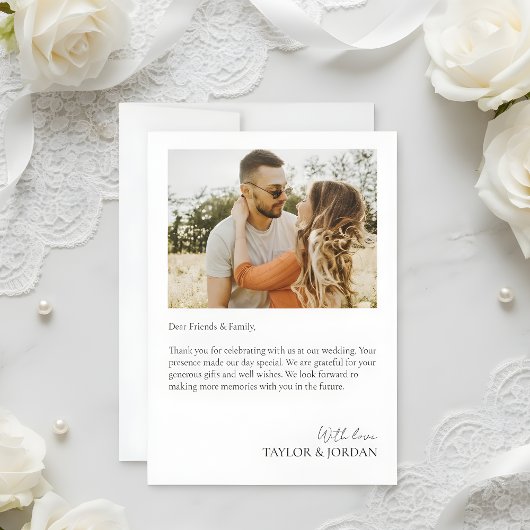 Modern Heart Script Custom Minimal Photo Wedding  Bedankkaart