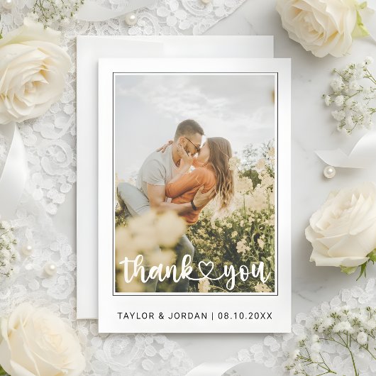 Modern Heart Script Custom Minimal Photo Wedding  Bedankkaart