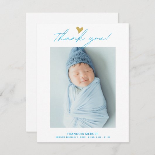 Modern Heart  Script Custom Newborn Baby Photo  Bedankkaart (Voorkant / Achterkant)