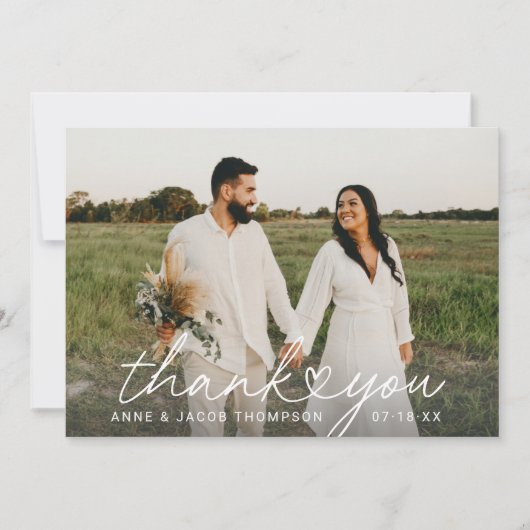 Modern Heart Script Persoonlijke bruiloft Foto Bedankkaart (Voorkant)