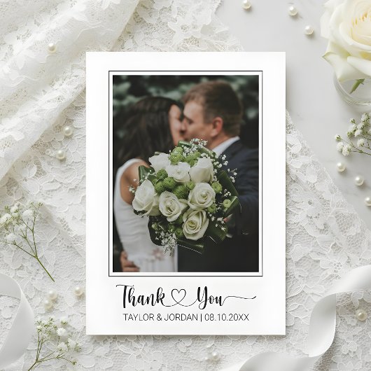 Modern Heart Script Photo Wedding Thank You Card Bedankkaart