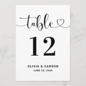 Modern Heart Script Wedding Table Number Kaart (Voorkant)