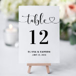 Modern Heart Script Wedding Table Number Kaart<br><div class="desc">Set the tone for your wedding reception with this modern heart script table number card. The design pairs a flowing calligraphy "Table" header with a delicate heart accent and bold oversized numbering for easy visibility. Couple names and wedding date appear below in clean, timeless typography. Fully customizable to match your...</div>