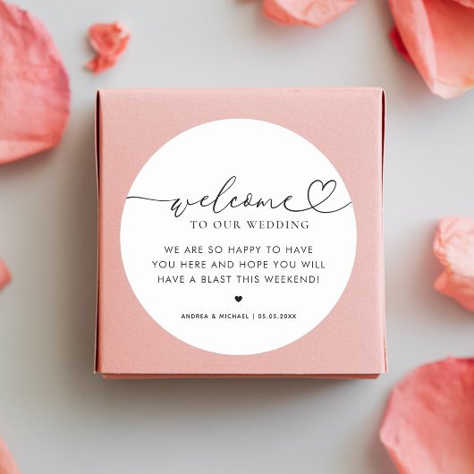 Modern Heart Script Wedding Welkom Hotel Gift Bag Ronde Sticker