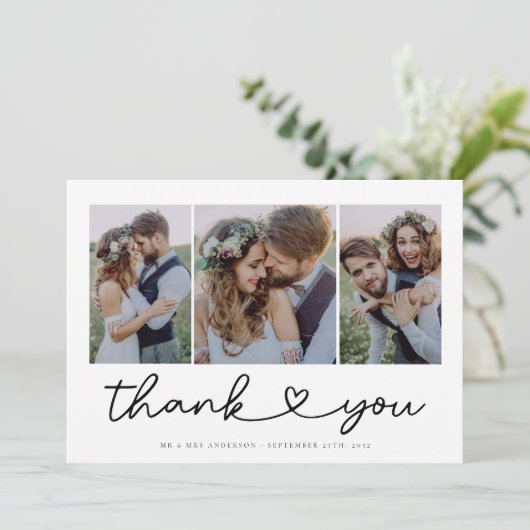 Modern Heart Script Weduwfoto Collage Bedankkaart (Staand voorkant)