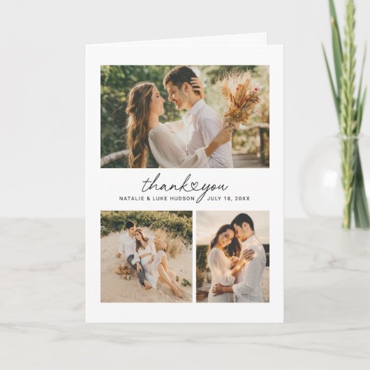 Modern Heart Script Weduwfoto Collage Bedankkaart (Voorkant)