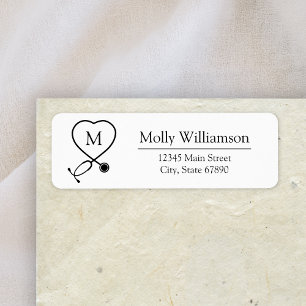 Modern Heart Stethoscope Monogram Return Address Etiket