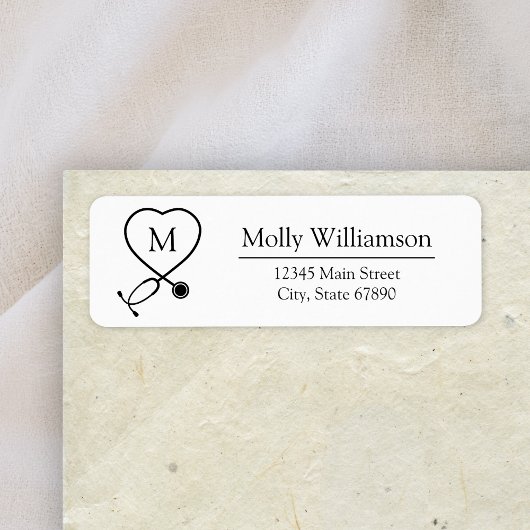 Modern Heart Stethoscope Monogram Return Address Etiket