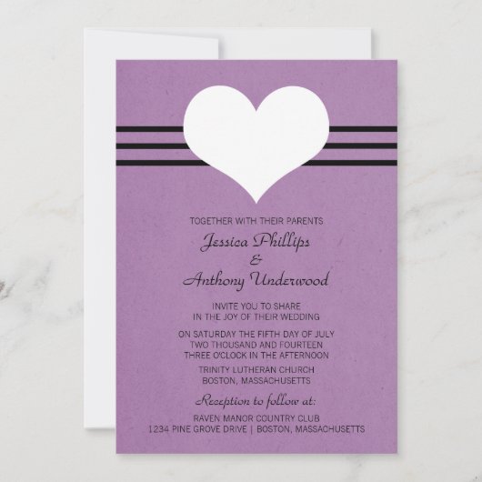 Modern Heart Wedding Invite, Paars Kaart (Voorkant)