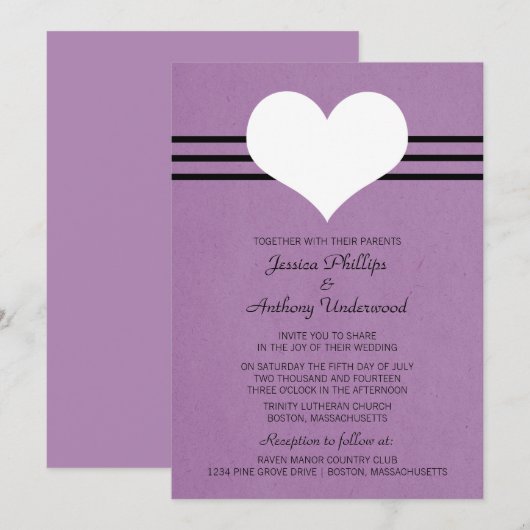 Modern Heart Wedding Invite, Paars Kaart (Voorkant / Achterkant)