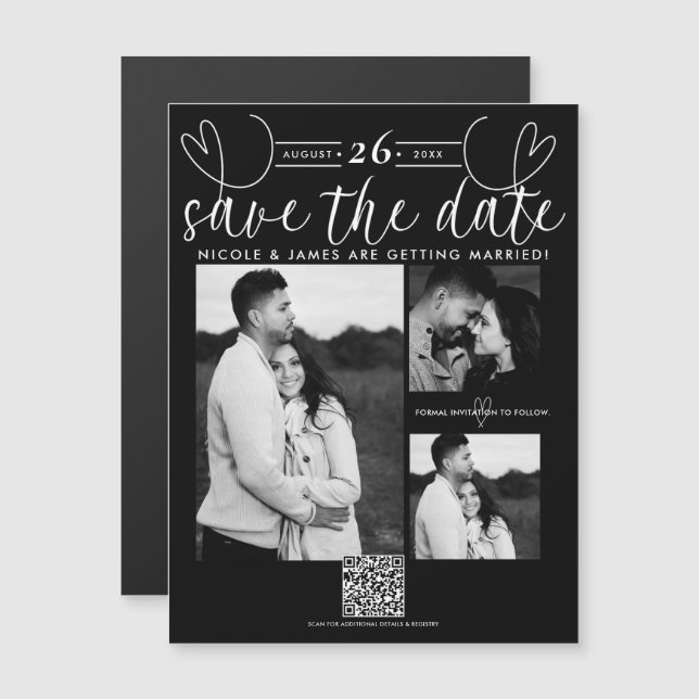 Modern Hearts Black & White Chic Bewaar de datum (Voorkant / Achterkant)