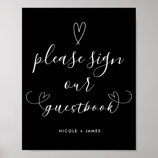 Modern Hearts Black & White Wedding Guestbook Sign Poster (Voorkant)