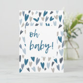 Modern Hearts Blue Boy Oh Baby shower uitnodiging (Staand voorkant)