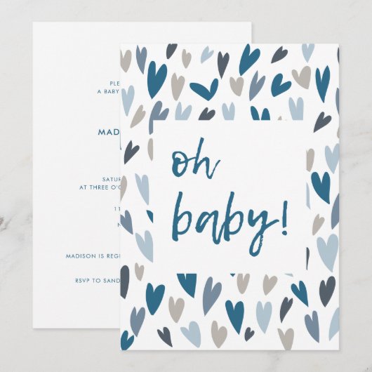 Modern Hearts Blue Boy Oh Baby shower uitnodiging (Voorkant / Achterkant)