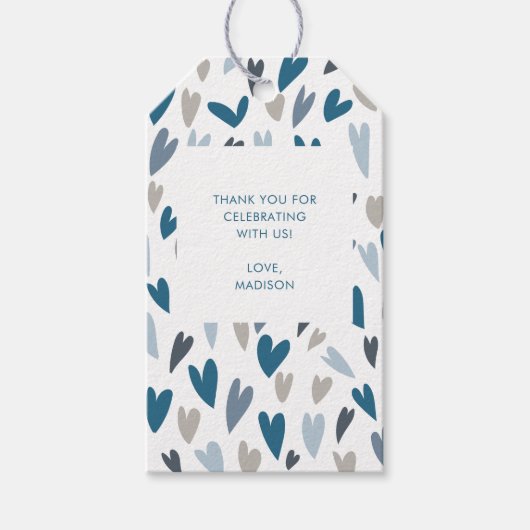 Modern Hearts Boy Blue Baby shower Bedankt Label Cadeaulabel (Voorkant)