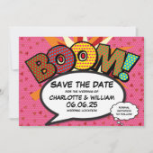 Modern Hearts Confetti Comic Wedding Sla de datum Save The Date (Voorkant)