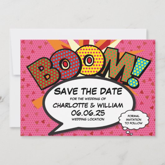 Modern Hearts Confetti Comic Wedding Sla de datum Save The Date (Voorkant)