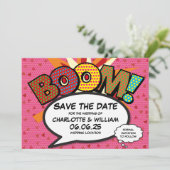 Modern Hearts Confetti Comic Wedding Sla de datum Save The Date (Staand voorkant)