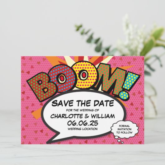 Modern Hearts Confetti Comic Wedding Sla de datum  Save The Date (Staand voorkant)