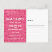 Modern Hearts Confetti Strips Comic Bruiloft Save Aankondigingskaart (Achterkant)