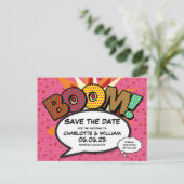 Modern Hearts Confetti Strips Comic Bruiloft Save Aankondigingskaart (Staand voorkant)