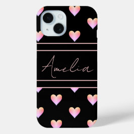 Modern Hearts Pattern Zwart Roze Gepersonaliseerd iPhone 15 Case