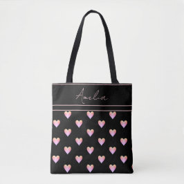 Modern Hearts Pattern Zwart Roze Gepersonaliseerd Tote Bag