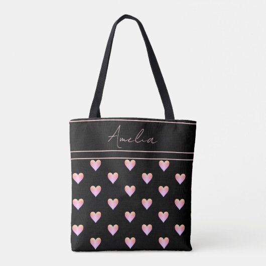 Modern Hearts Pattern Zwart Roze Gepersonaliseerd Tote Bag (Achterkant)