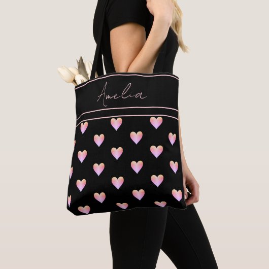 Modern Hearts Pattern Zwart Roze Gepersonaliseerd Tote Bag (Dichtbij)