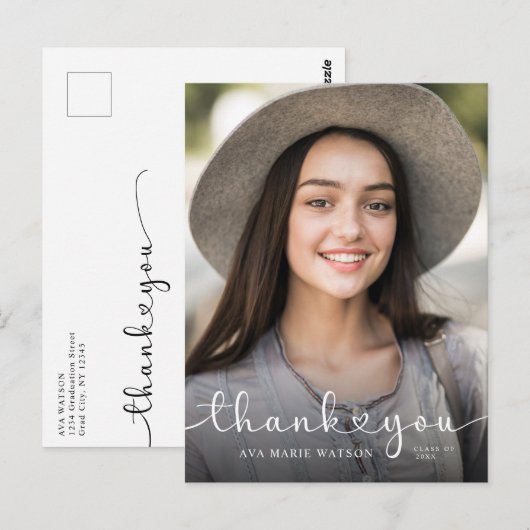 Modern Hearts Script Afstuderen Foto bedankt Briefkaart (Voorkant / Achterkant)