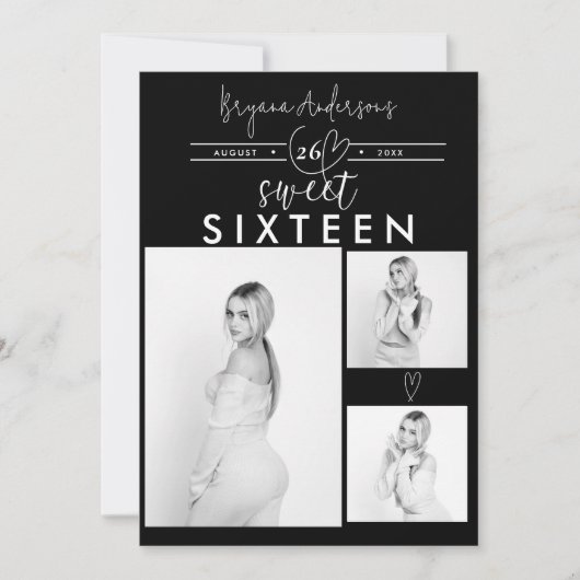 Modern Hearts Zwart & Wit Foto Sweet 16 Party (Voorkant)
