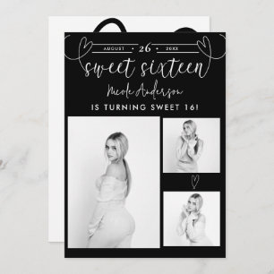 Modern Hearts Zwart & Wit Foto Sweet 16 Party