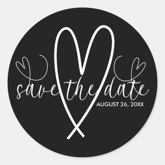 Modern Hearts Zwart & Wit Minimaal Save the Date Ronde Sticker (Voorkant)