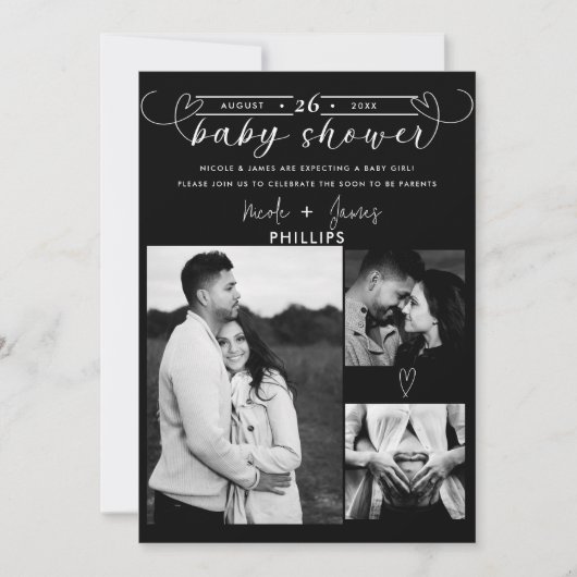 Modern Hearts Zwart-wit Minimal Baby shower (Voorkant)