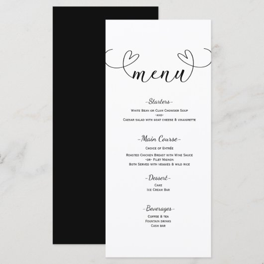 Modern Hearts Zwart & Wit Minimal Wedding Menu (Voorkant / Achterkant)