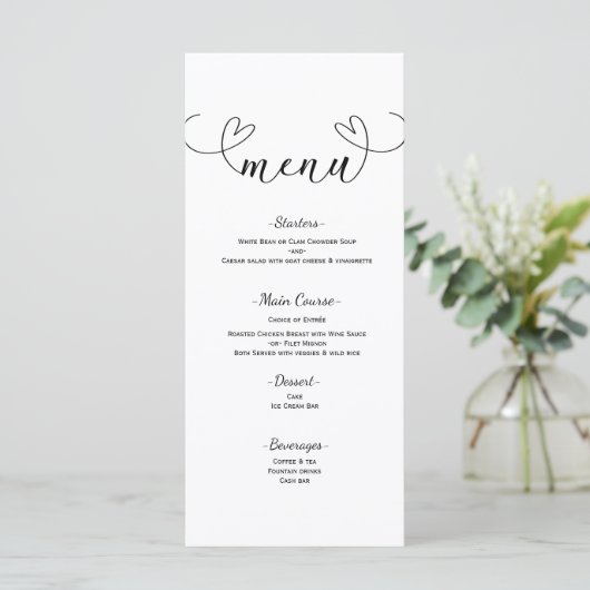 Modern Hearts Zwart & Wit Minimal Wedding Menu (Staand voorkant)