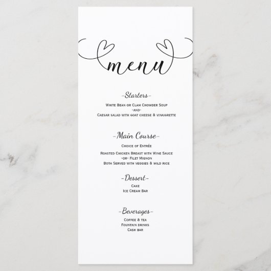 Modern Hearts Zwart & Wit Minimal Wedding Menu (Voorkant)