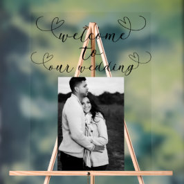 Modern Hearts Zwart Wit Minimal Wedding Welkom Acryl Bord